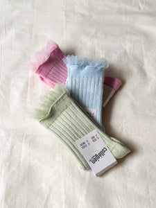 Alizée - Glitter Ribbed Crew Socks with Tulle Trim-Rose Bonbon