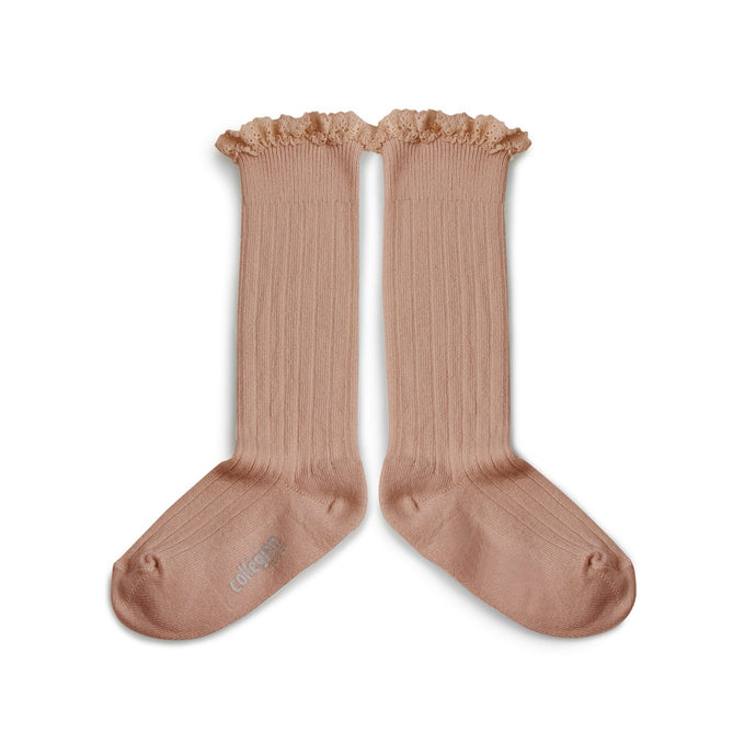 Joséphine - Lace-Trim Ribbed Knee-high Socks - Vieux Rose