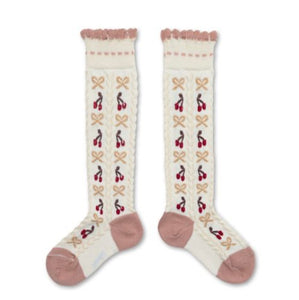 Cerise - Jacquard Cherries and Bows Knee-high Socks - Doux Agneaux