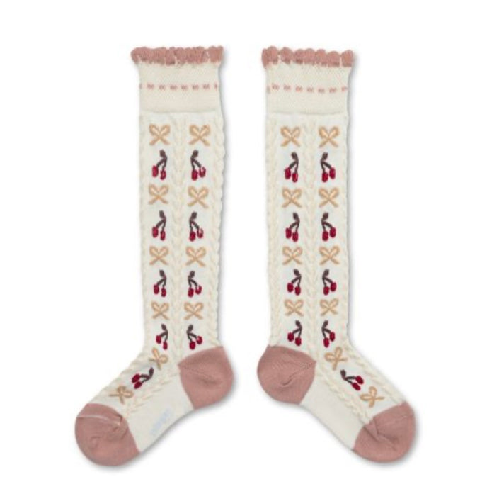 Cerise - Jacquard Cherries and Bows Knee-high Socks - Doux Agneaux