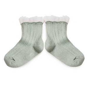 Tulle Frill Ribbed Ankle Socks- Aigue Marine