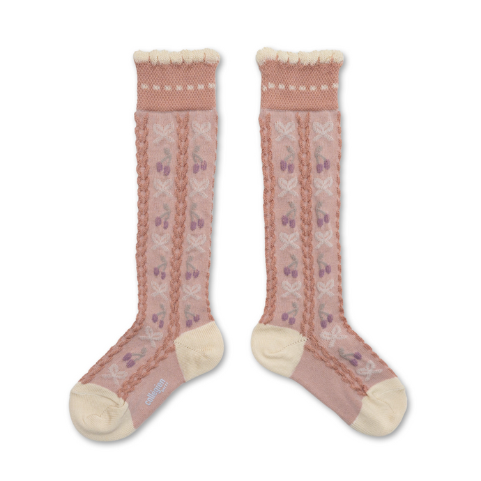 Cerise - Jacquard Cherries and Bows Knee-high Socks - Vieux Rose