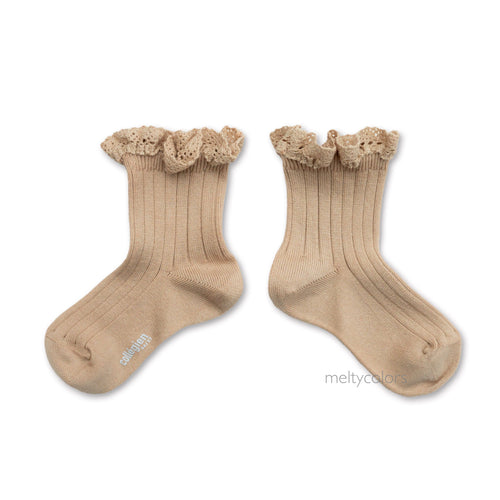 Lili - Lace Trim Ribbed Ankle Socks - Sable