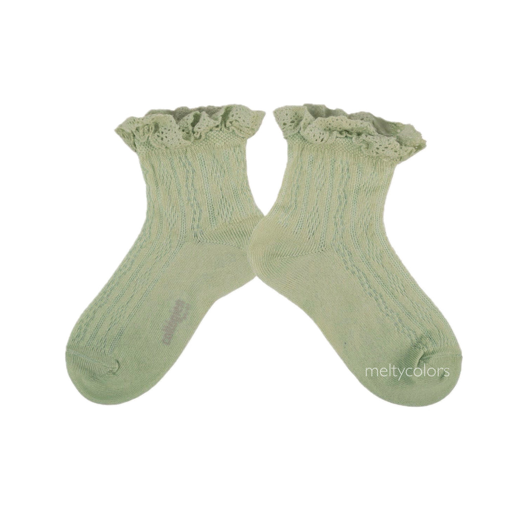 Annette - Lightweight Pointelle Socks with Lace Frill - Verveine
