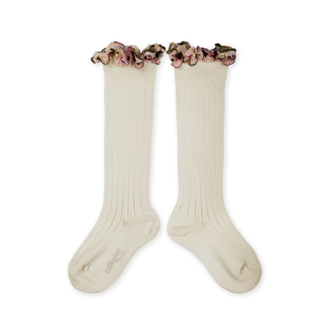 Eglantine - Embroidered Ruffle Ribbed Knee-high Socks - Doux Agneaux