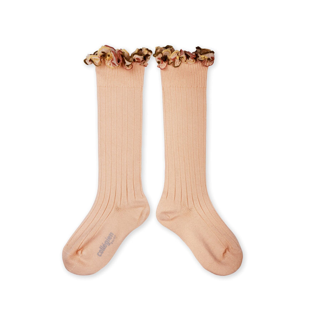 Eglantine - Embroidered Ruffle Ribbed Knee-high Socks - Sorbet