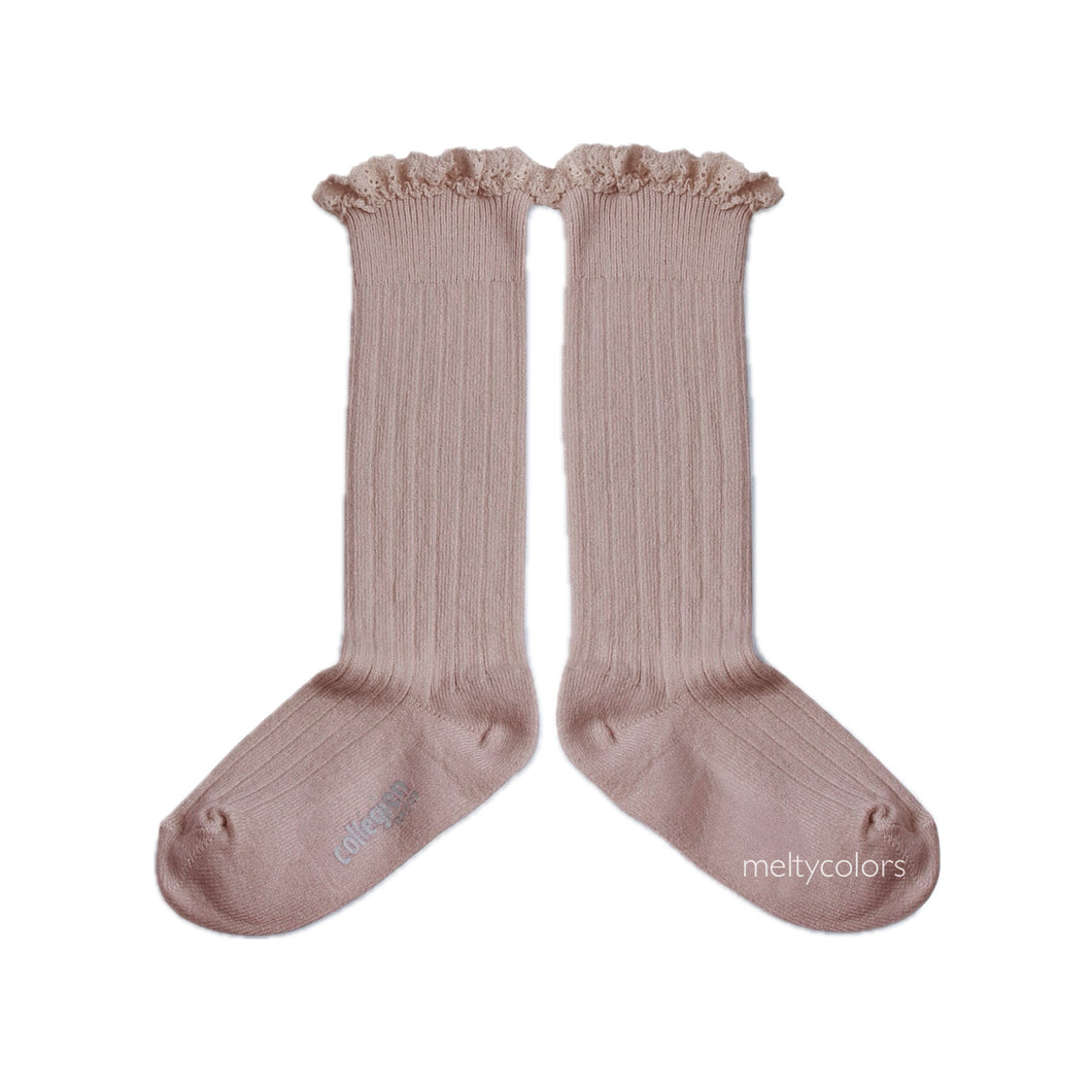 Joséphine - Lace-Trim Ribbed Knee-high Socks - Vieux Rose