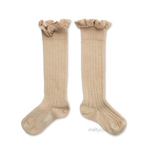 Joséphine - Lace-Trim Ribbed Knee-high Socks - Sable
