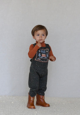cross-stitch sampler overalls. coal tweed