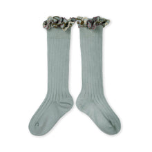 画像をギャラリービューアに読み込む, Eglantine - Embroidered Ruffle Ribbed Knee-high Socks - Aigue Marine