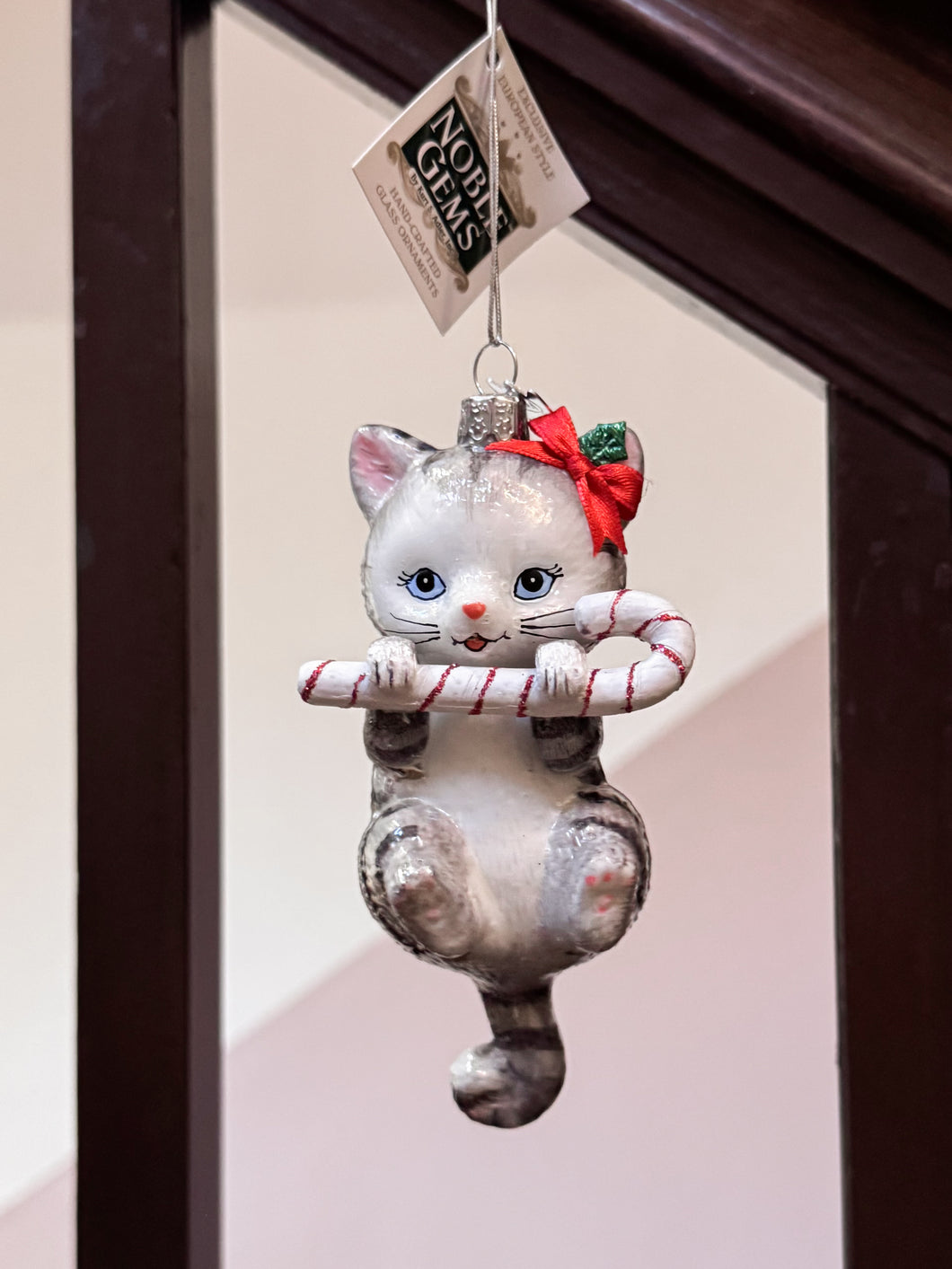 Cat With Candy Cane Ornaments / Grey