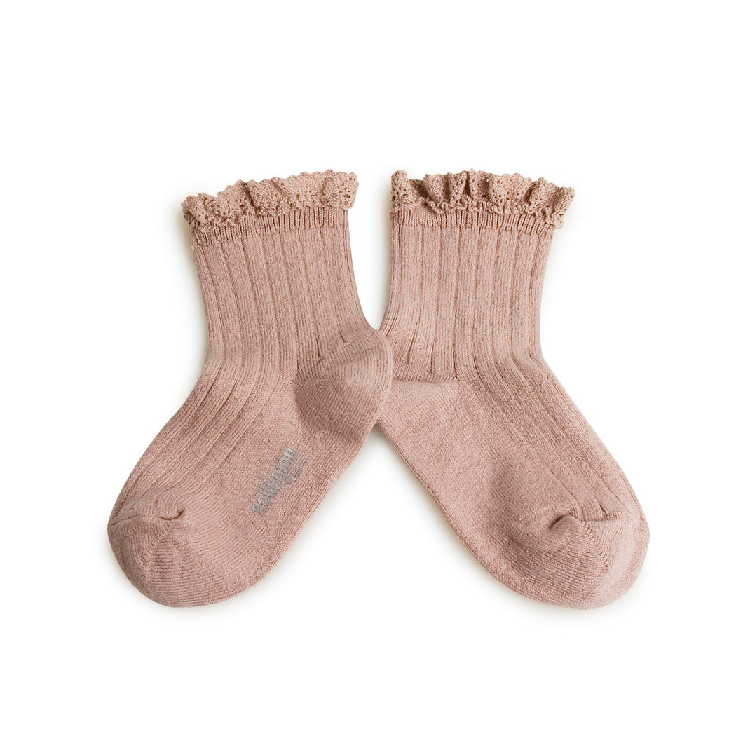 Lili - Lace Trim Ribbed Ankle Socks - Vieux Rose