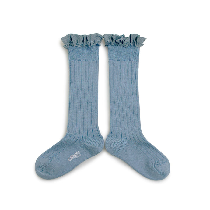 Apolline - Gingham Ruffle Ribbed Knee-high Socks - Bleu azur