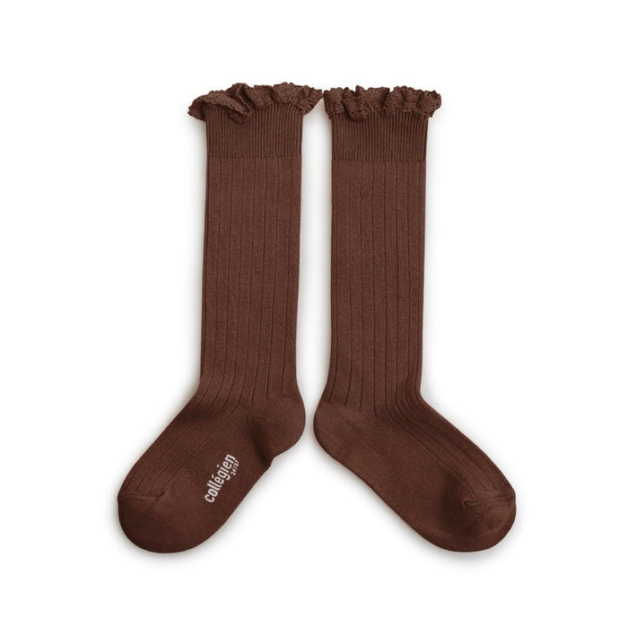 Joséphine - Lace-Trim Ribbed Knee-high Socks - Chocolat au lait