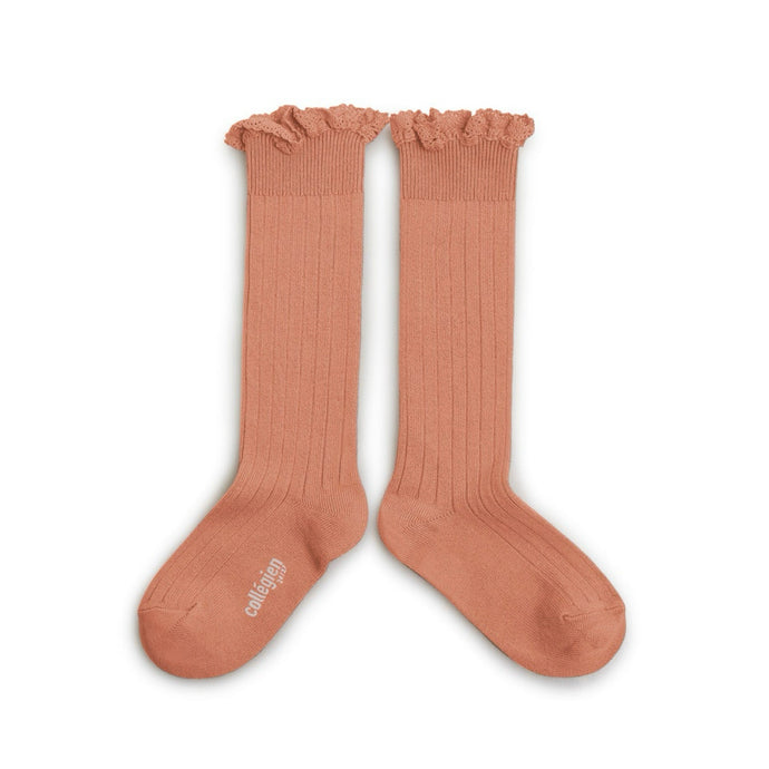 Joséphine - Lace-Trim Ribbed Knee-high Socks - Bois de Rose