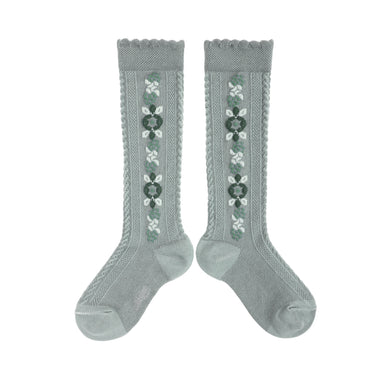 Dalia - Jacquard Flower Knee-high Socks- Aigue Marine