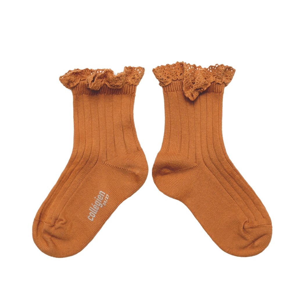 Lili - Lace Trim Ribbed Ankle Socks - Terracotta