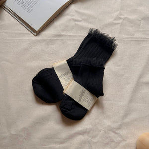 〚Children＆Women〛Tulle Frill Ribbed Ankle Socks - Noir de Charbon