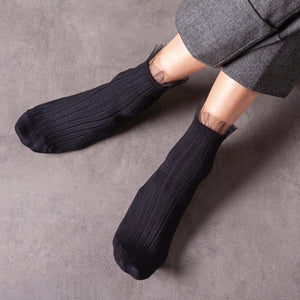 〚Children＆Women〛Tulle Frill Ribbed Ankle Socks - Noir de Charbon