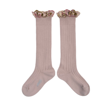 Eglantine - Embroidered Ruffle Ribbed Knee-high Socks - Vieux Rose