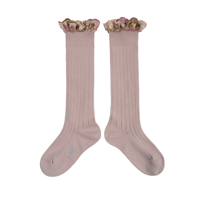 Eglantine - Embroidered Ruffle Ribbed Knee-high Socks - Vieux Rose