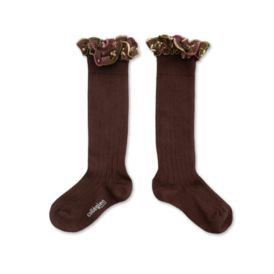 Eglantine - Embroidered Ruffle Ribbed Knee-high Socks - Chocolat au Lait