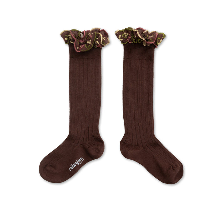 Eglantine - Embroidered Ruffle Ribbed Knee-high Socks - Chocolat au Lait