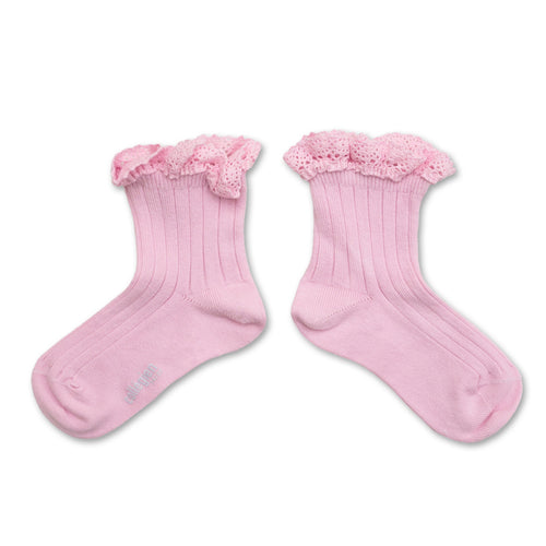 Lili - Lace Trim Ribbed Ankle Socks - Rose Dragée