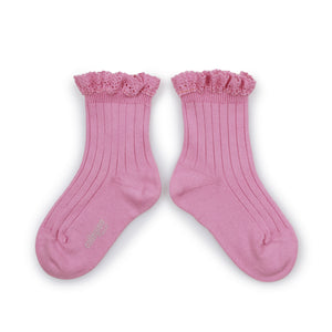 Lili - Lace Trim Ribbed Ankle Socks - Rose Bonbon