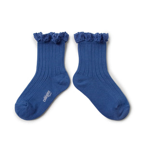 Lili - Lace Trim Ribbed Ankle Socks - Bleu Saphir