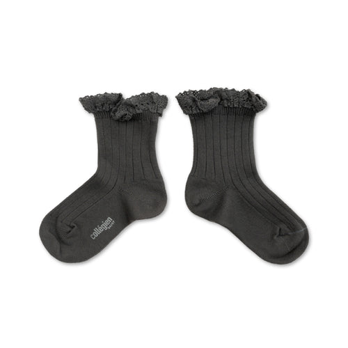 Lili - Lace Trim Ribbed Ankle Socks - Gris Galet