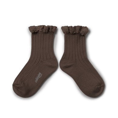 Lili - Lace Trim Ribbed Ankle Socks - Chocolat au Lait
