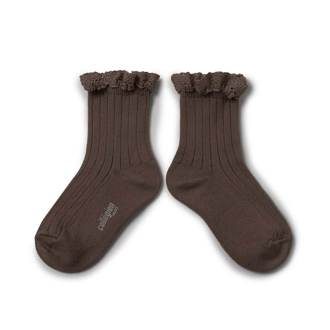 Lili - Lace Trim Ribbed Ankle Socks - Chocolat au Lait