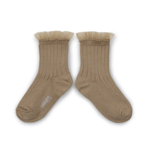 Tulle Frill Ribbed Ankle Socks- Petite Taupe