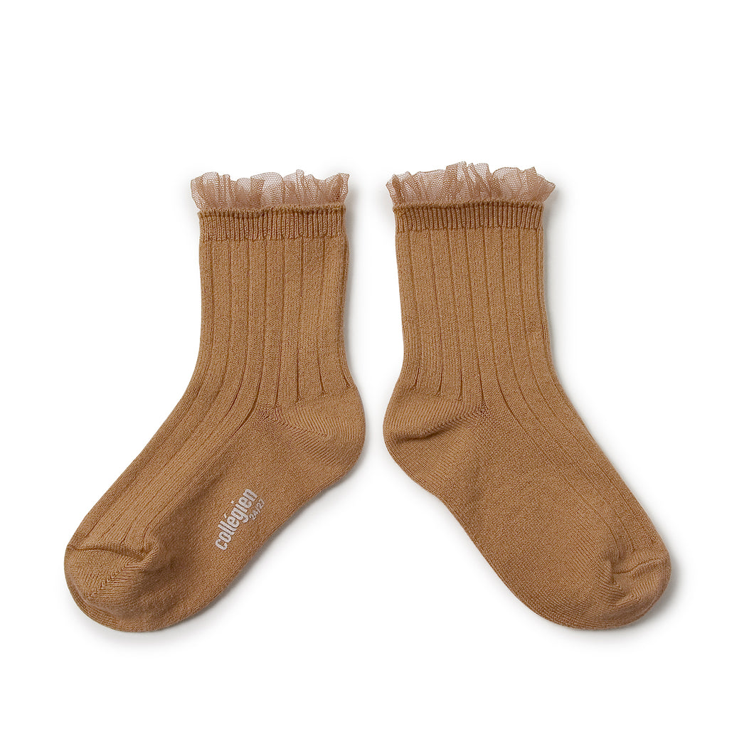 Tulle Frill Ribbed Ankle Socks- Caramel