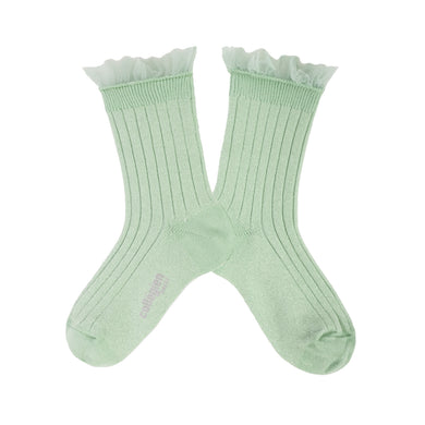 〚Children＆Women〛Alizée - Glitter Ribbed Crew Socks with Tulle Trim-Verveine