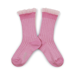 Alizée - Glitter Ribbed Crew Socks with Tulle Trim-Rose Bonbon